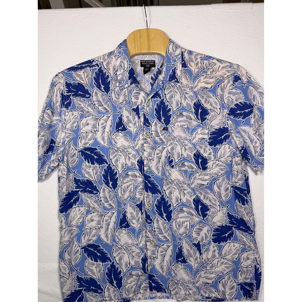 Vintage Polo Jeans Co Ralph Lauren Button‎ Up Mens Large Blue Leaf Print Rayon